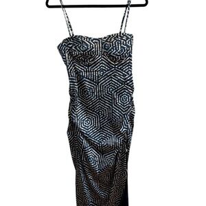 Averie Halley Elegant Blue Geometric Corset Top Satin Midi Cocktail Dress L